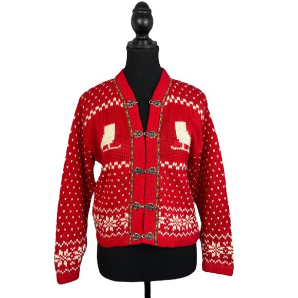 Vintage Sweaters - Vintage 90s Red Fair Isle Metal Clasp Nordic Knit Cardigan Sweater Small